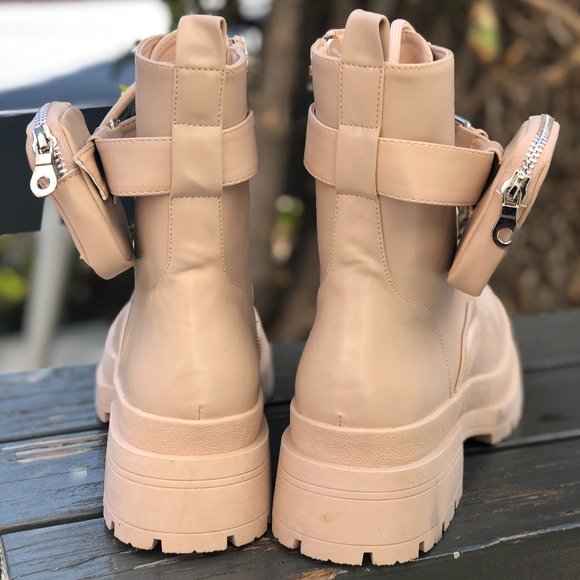 [New] LILIANA PLATFORM LACED UP COMBAT BOOTS WITH AIRPOD POCKET [NUDE BEIGE] - Picture 7 of 8